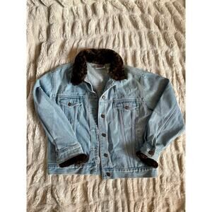 Vtg 80s 90s Bill Blass Leopard Print Faux Fur Trim Denim Jacket PM Petite Medium